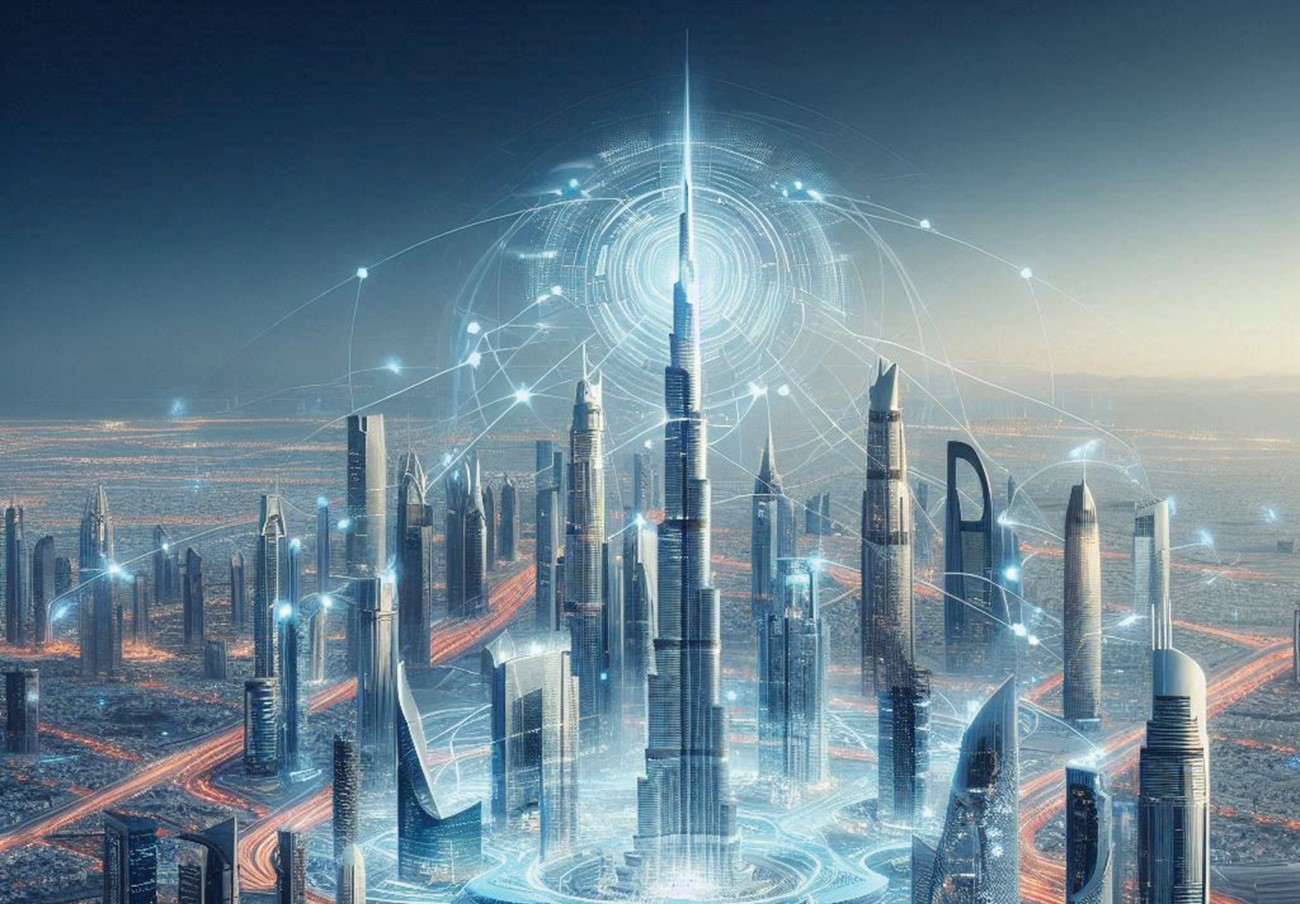 Futuristic city skyline featuring tall skyscrapers and a prominent central tower, interconnected with glowing network lines.