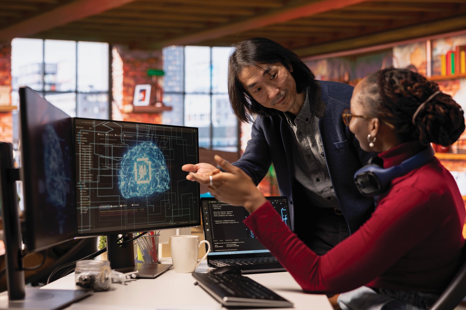 A man and a woman discuss coding while reviewing data visualizations on multiple computer screens in a modern office.