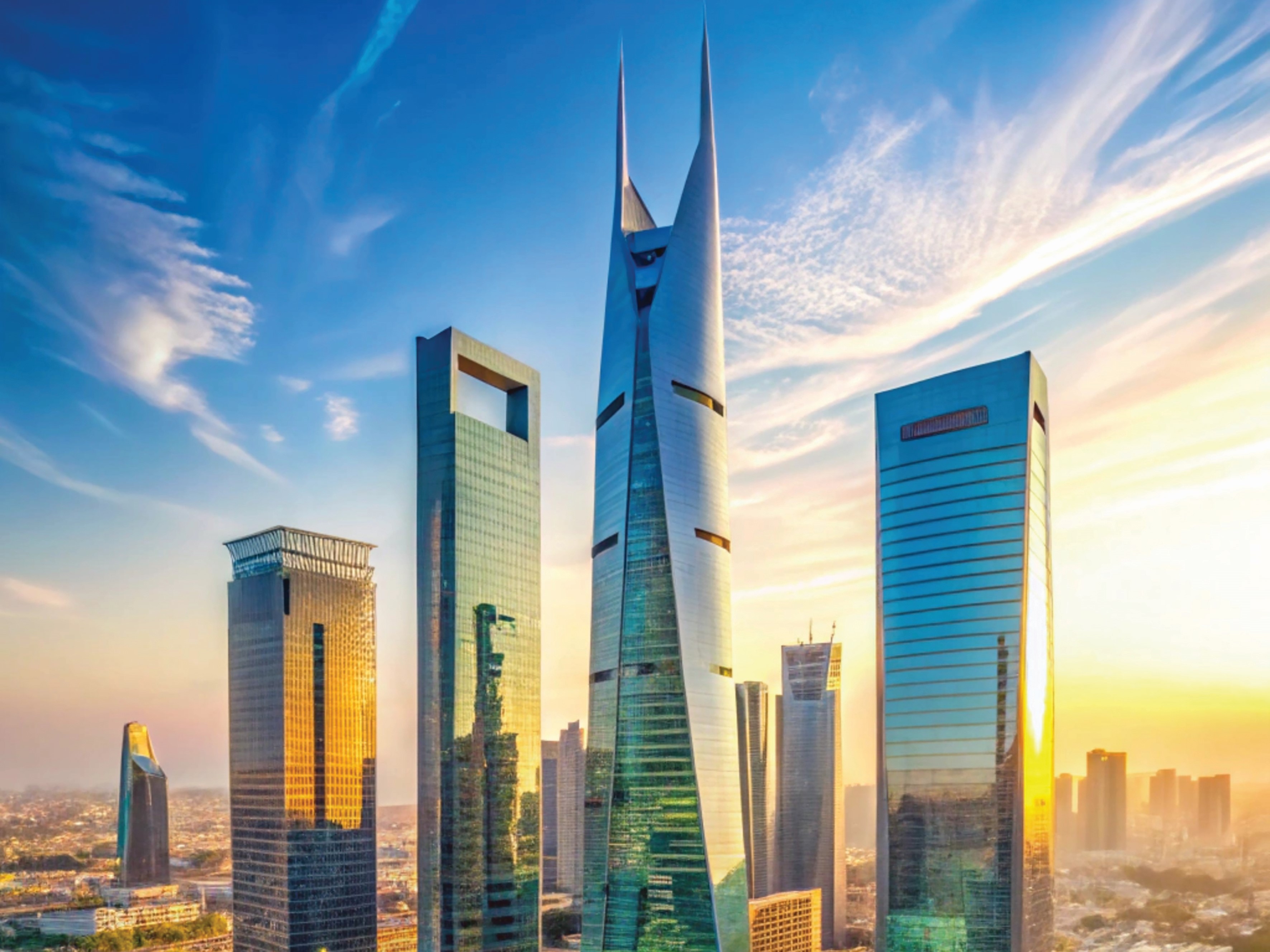 Skyline featuring modern skyscrapers under a vibrant sunset, highlighting innovative architectural designs.