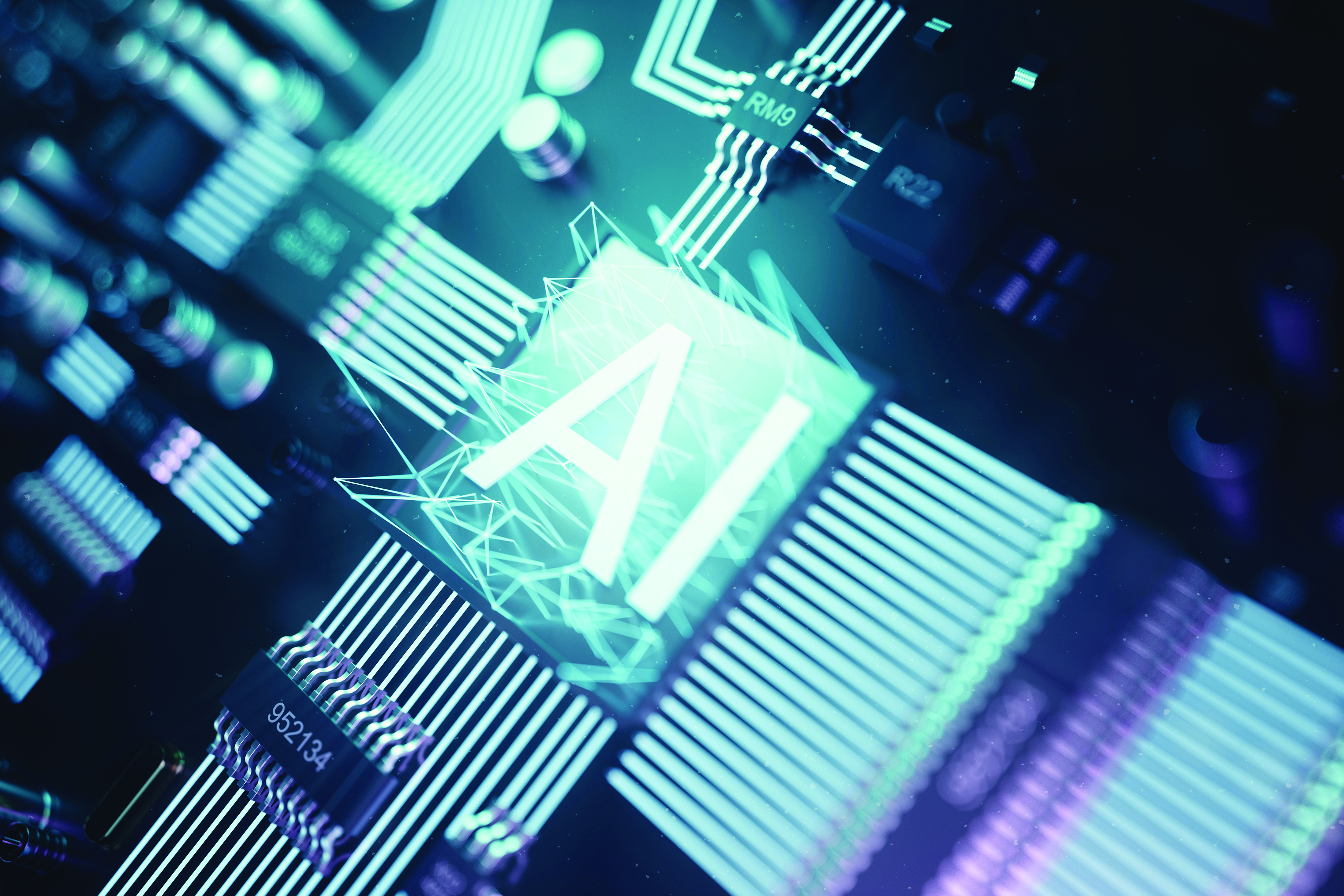 Close-up of a circuit board with an illuminated "AI" symbol, featuring vibrant colors and intricate electronic components.