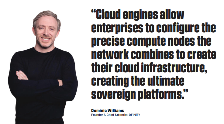 Portrait of Dominic Williams, founder of DFINITY, quoting on cloud engines and their role in enterprise infrastructure.